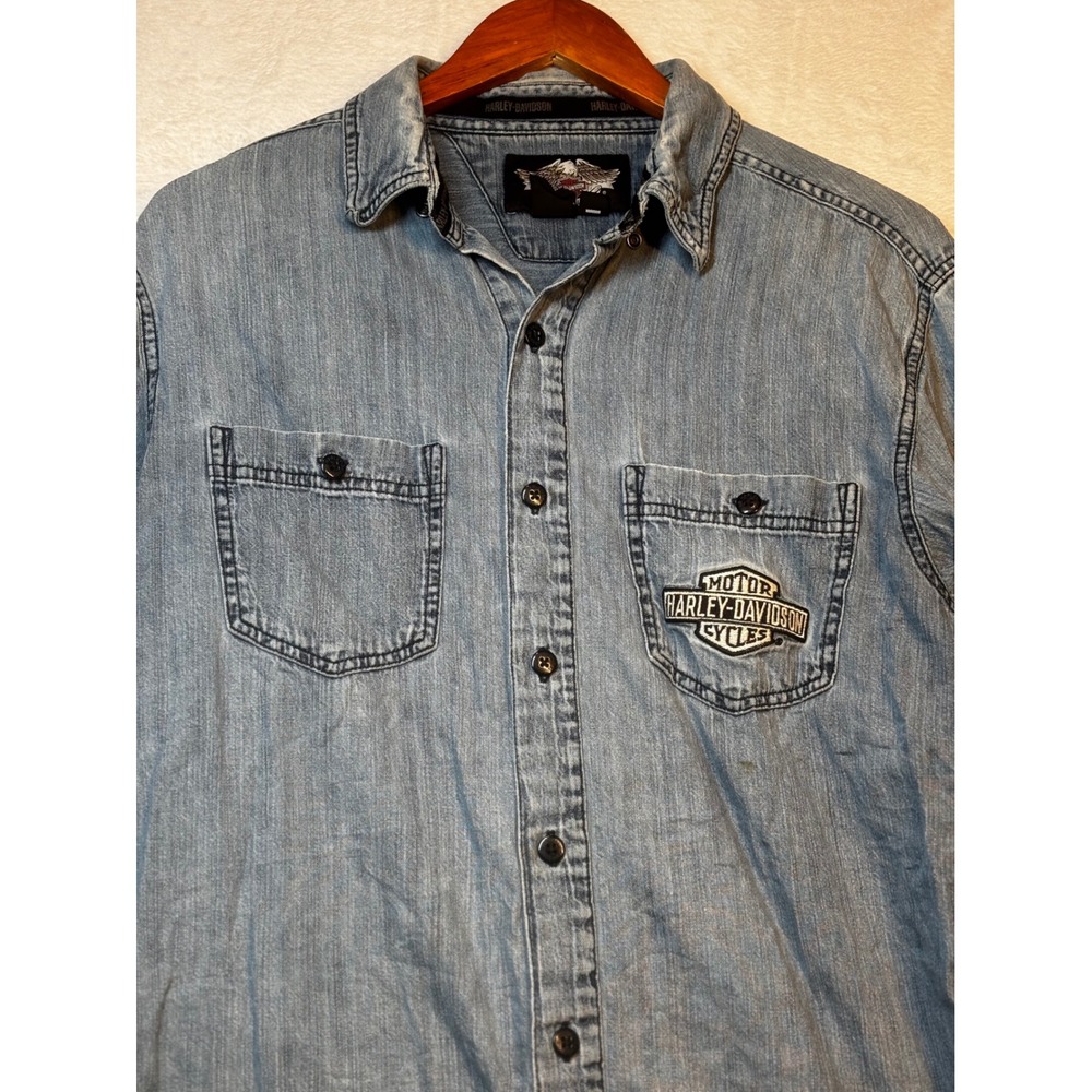 Harley Davidson Denim Shirt Mens Long Sleeve Button Up V Twin Power Embroidered - Picture 4 of 16